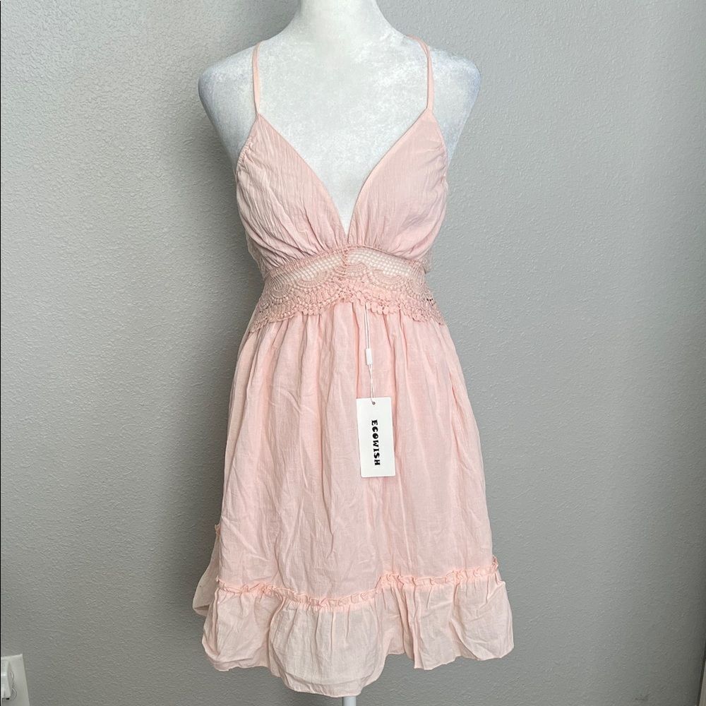 Ecowish Crochet/Ruffle Mini Dress Pink Size Small NWT